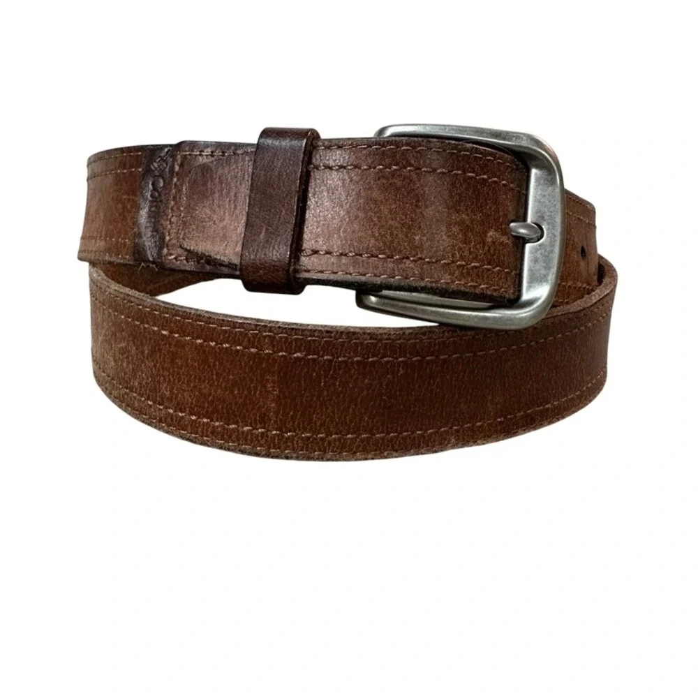 Columbia Mens Brown Leather Belt Distressed Workwear Size L 38-40 Silver Buckle